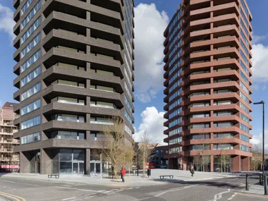 Two impressive hexagonal towers in London with facing bricks Nature10 Brick E and Brick S 